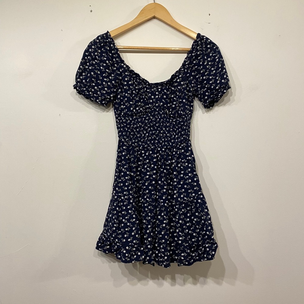 Hollister Navy Blue Floral Smocked Cottage Boho Mini Dress Puff Sleeve Small